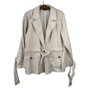 Eloqii Blazer Jacket Size 14 Button Front Tie Waist Striped Cotton Tan Business